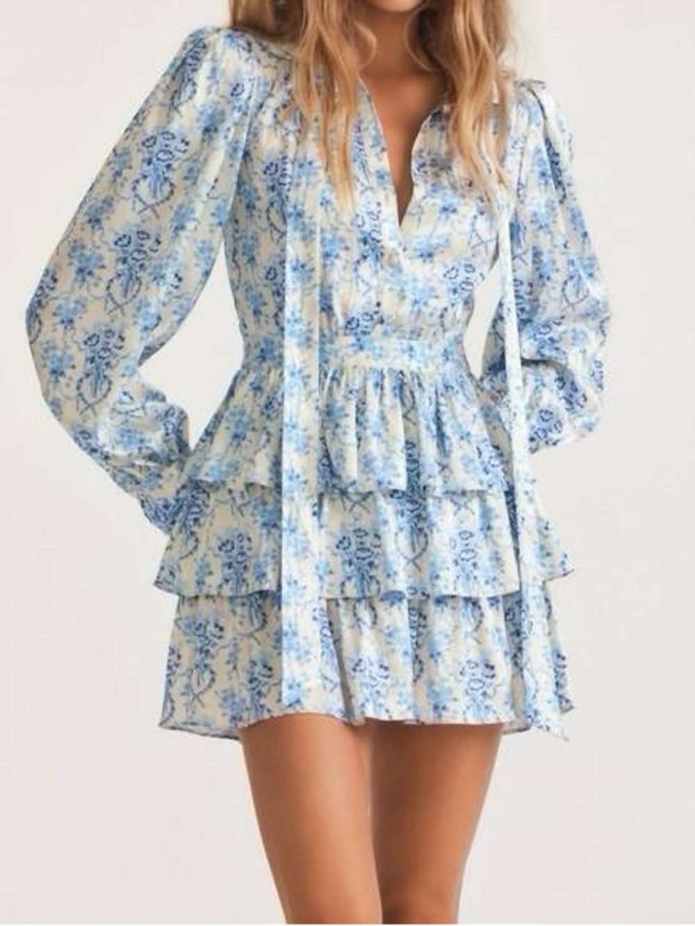 Love Shack Fancy Daly Blue Floral Tiered Long-Sleeve Mini Dress